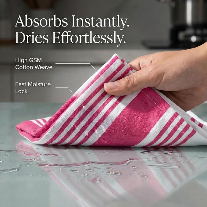Urban Villa Kitchen Towels 100% Cotton Dish Towels for Kitchen(Set of 6)20”x30” Dish Cloths Highly Absorbent Kitchen Linen Set with Hanging Loop Perfect for Drying Dishes Cleaning Towels-Fuchsia White