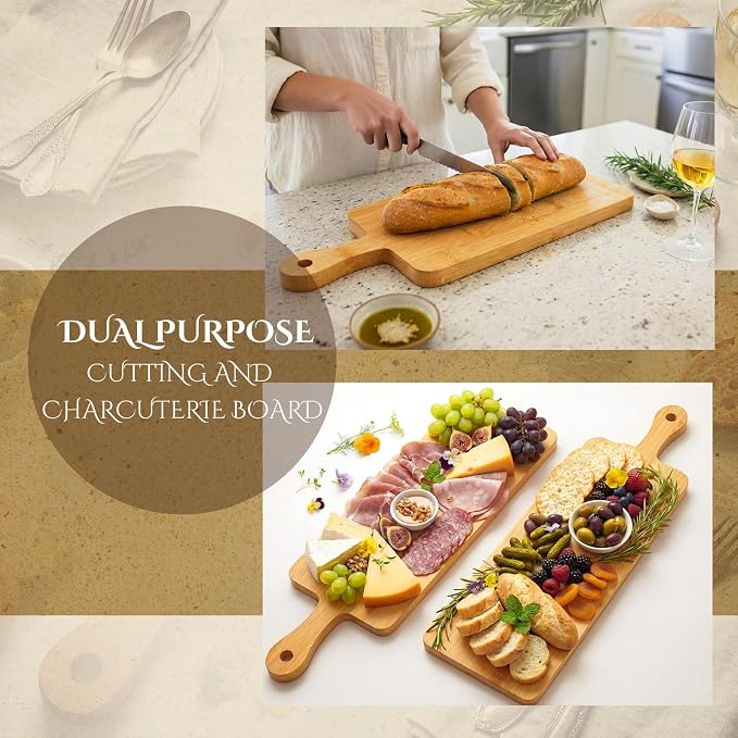 Nuenen 6 Pcs Wood Cutting Board with Handle 16.1 x 4.7 Inch Acacia Bamboo Wooden Serving Kitchen Chopping Boards for Pizza, Bread, Cheese, Charcuterie, Fruit, Vegetables(Narrow Bamboo)