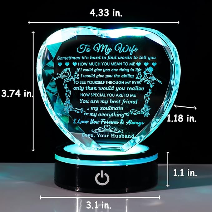 YWHL Gifts for Wife with Colorful LED Base Romantic Wedding Anniversary I Love You Gifts for Her Best Wife Birthday Gift Ideas to My Wife Crystal Keepsakes Presents from Husband