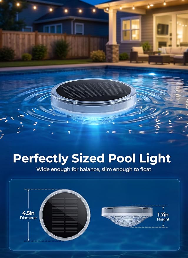 Brightown Floating-Solar-Pool-Lights 2 Pack, RGBWW 12 Lighting Modes 3 Dimming & Timing IP68 Waterproof with Remote Control Solar Floating Pool Lights for Above Ground Pools Inground Pools Accessories