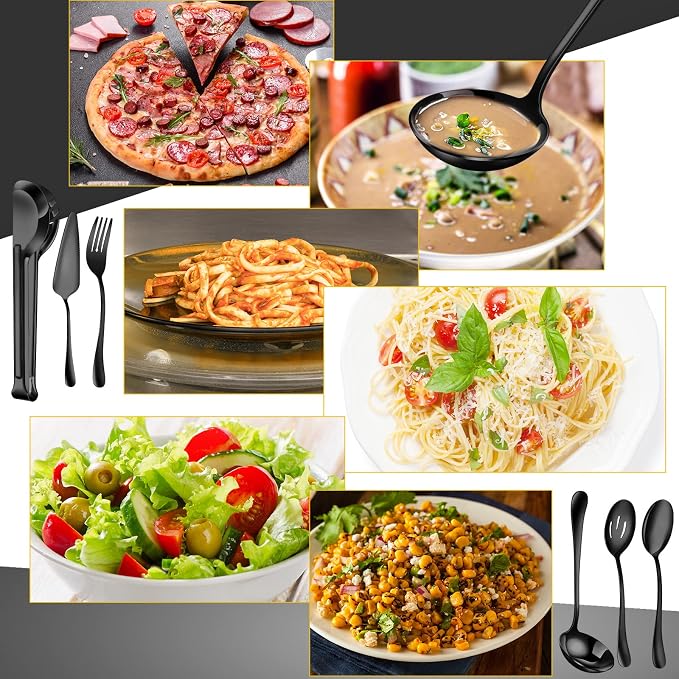 Thenshop 30 Pcs Serving Utensils Set Stainless Steel Flatware Serving Set Include Large Spoons Slotted Spoons Forks Soup Ladle Pie Server and Tongs for Buffet Catering Party Restaurant(Black)