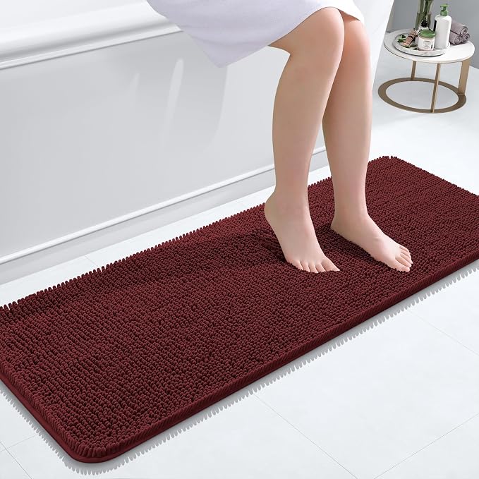 OLANLY Bathroom Runner Rugs 47x17, Soft Absorbent Chenille Bath Rugs, Rubber Backing Quick Dry, Machine Washable Long Bath Mats for Bathroom, Tub and Shower, Home Decor Accessories, Andorra Red-Brown