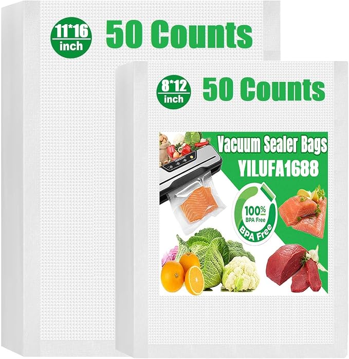 Vacuum Sealer Bags for Food - 100 Pack Precut Mixed Sizes (11"x16"+8"x12") | Commercial Grade BPA-Free | 6X Longer Freshness | Fits All Clamp Machines | For Food Storage, Meal Prep & Sous Vide
