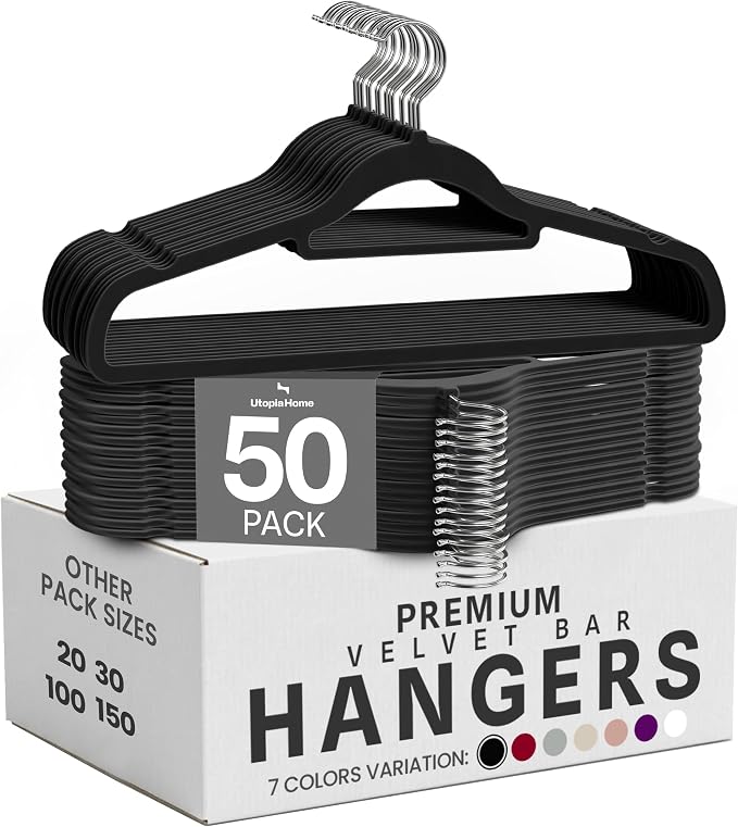 Utopia Home Premium Velvet Hangers 50 Pack - Non-Slip Clothes Hanger with Tie Bar - Black Hangers with 360 Degree Rotatable Hook - Heavy Duty Coat Hanger