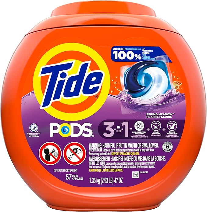Tide PODS laundry detergent pacs, 3-in-1 Stain Remover, Odor Fighter, Color Protector, 57 Count, HE compatible, Spring Meadow Scent