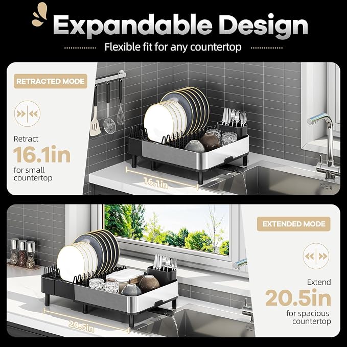 Urackify Stainless Steel Dish Drying Rack for Kitchen Counter,Black | Expandable 16.1" to 20.5", Large Capacity, Rustproof, Non-slip Feet, Adjustable Drain Pipe, Easy Assembly & Clean
