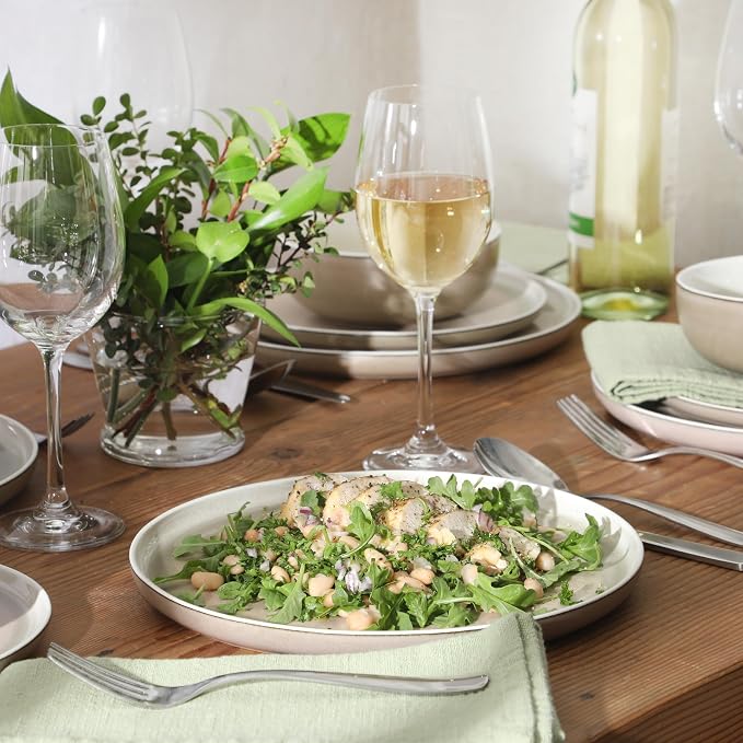 Gibson Elite Island Bay 12-Piece New Bone China Dinnerware Set Service for 4, Reactive Glaze Plates and Bowls, Dishwasher and Microwave Safe, Cream and Green
