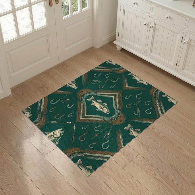 3'x5' Washable Area Rug Vintage Bass Tackle Symmetry Lure Motif Border Angler Fish Fishing Refined for Home Office, Hallway, Laundry Room, Non-Slip Chair-Friendly