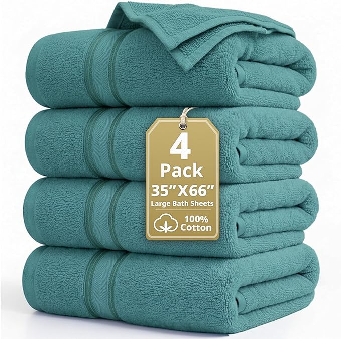 LANE LINEN 100% Pure Cotton Bath Sheets - Exclusive Zero Twist Softness - 4 Pack (35"x66") - Quick Dry, Super Absorbent & Highly Durable - Wrap yourself in Cloud-Like comfort after every shower - Teal