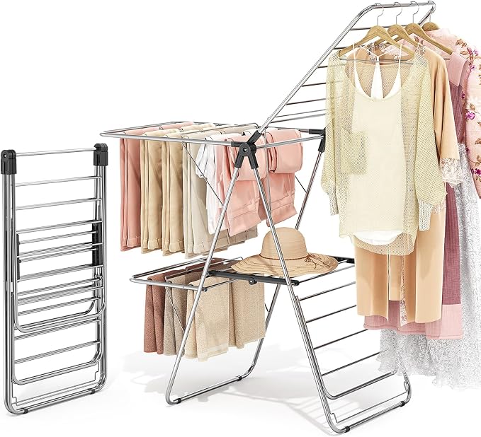 APEXCHASER Clothes Drying Rack with 4 Wings, Stainless Steel Drying Rack Clothing with Height-Adjustable, Foldable Gullwings Laundry Drying Rack, Indoor Outdoor Use, No Assembly, Black
