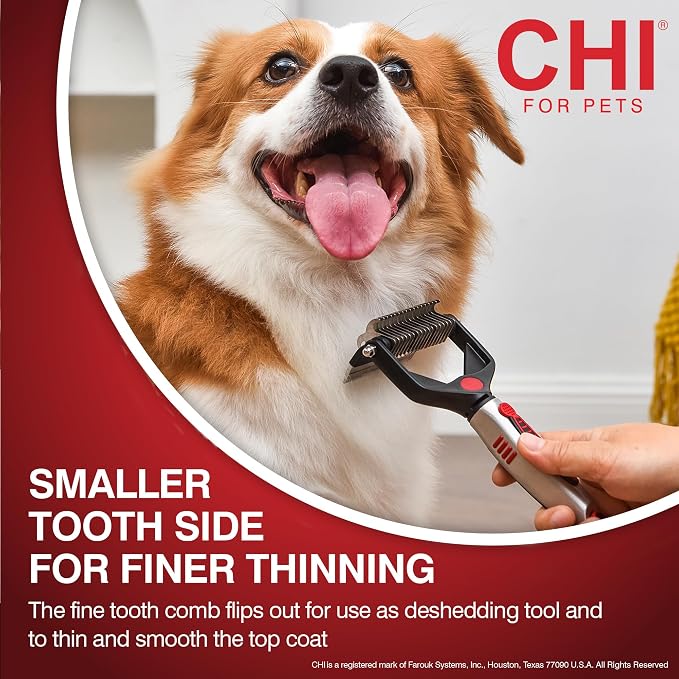 CHI for Dogs 2 in 1 Dematting and Deshedding Rake, Dual Head Dog Grooming Tool with Wide Tooth Dematting Rake and Fine Deshedding Rake, Detangler Comb for Thick Double and Long Dog Coat