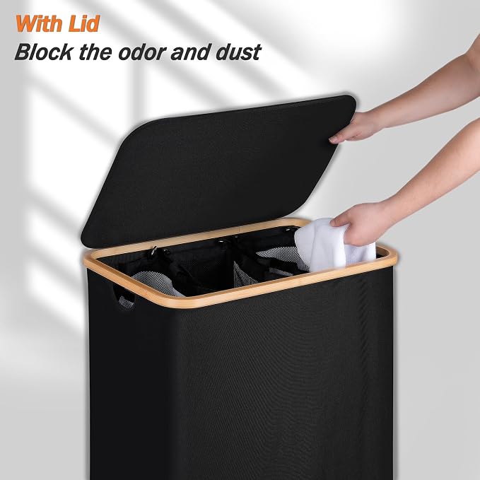 efluky Laundry Hamper with Lid, Trio Laundry Basket with 2 Removable Bags, 3 Section Laundry Bin with Bamboo Handles for Bathroom, Bedroom & Laundry Room, 160L (42.3 Gallon) Black