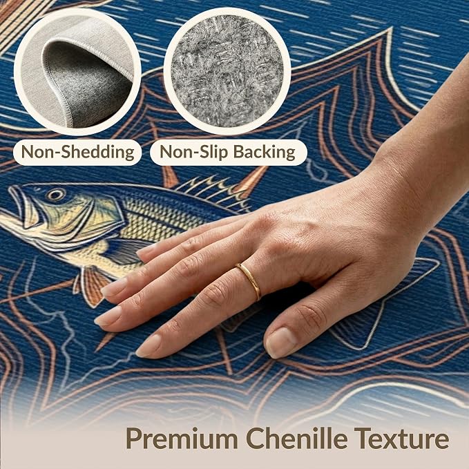 4'x6' Washable Area Rug Bass Nautical Wildlife Lake Map Border Lure Tackle Fish Fishing Refined for Dorm Room, Small Living Apartment, Stain Resistant Low Profile