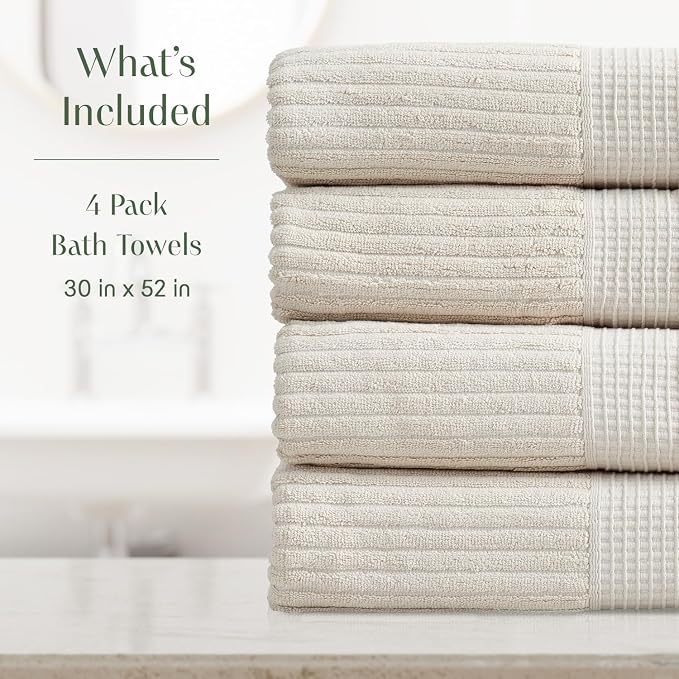 Springtree Home 100% Cotton Bath Towel Set | 4-Pack | Textured | Beige | Absorbent & Quick-Dry Bathroom Towels | Textured and Durable Cotton Towels for Bathroom | OEKO-TEX | Krista Collection
