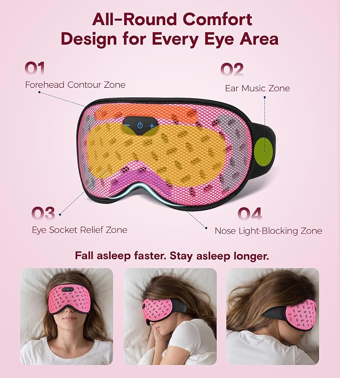 MUSICOZY Bluetooth Sleep Mask, Cooling Weighted Eye Mask with Bluetooth Headphones for Side Sleepers, 3D Contoured Relaxing No Pressure Eye Cover to Block Light for Night Sleeping(Grid Pink)