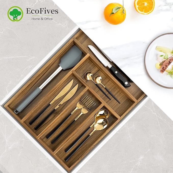 EcoFives Luxury Acacia Kitchen Drawer Organizer - Silverware Organizer - Utensil Holder and Cutlery Tray with Grooved Drawer Dividers for Flatware and Kitchen Utensils (6 Slot)