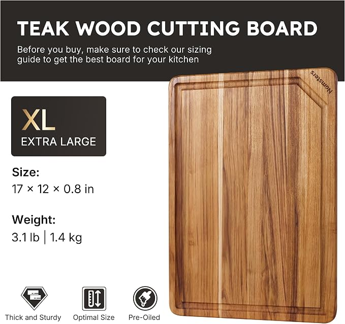17'' Teak Wood Cutting Board for Kitchen Non Slip Charcuterie Board Serving Heavy Duty Non Toxic Wooden Chopping Board Thick Haus Edge Grain Wood, Knife Friendly Housewarming Gifts - FSC Certified