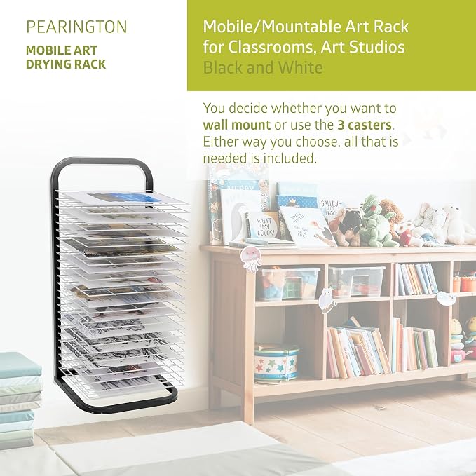 Pearington 25-Shelf Mobile/Wall Mountable Art Drying Rack for Art Studios & Classrooms, 13" D x 17.5" W x 39.4" H, Black/White