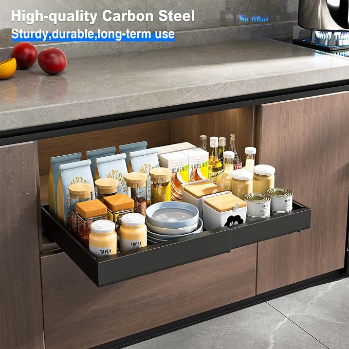Mustorn 2 Pack Pull Out Cabinet Organizer, Expandable Slide Out Drawers for Kitchen Cabinets Peel and Stick Pullout Drawer Heavy Duty Sliding Shelves for Cupboard, Pantry, Bathroom(16.5" Deep, Black)