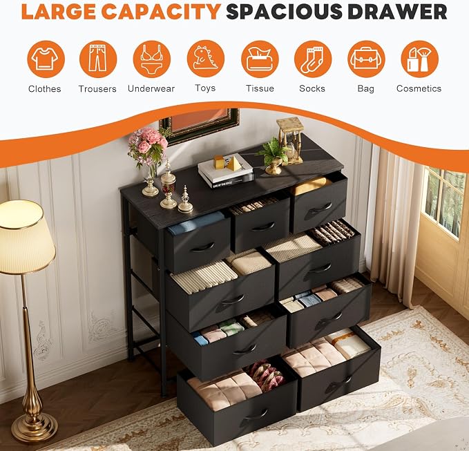 Sweetcrispy 9-Drawer Fabric Dresser Storage Tower with Wood Top and Steel Frame, Organizer Chest with Easy Pull Handles for Bedroom, Closet, Hallway,Classic Black