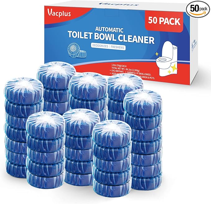 Vacplus Automatic Toilet Bowl Cleaner Tablets, Drop-In Tank Cleaner for Bathroom, Prevent Stains & Deodorize, Long-Lasting Cleaning Tabs, Easy-Use Freshener for Bowl & Tank, 50 Pack