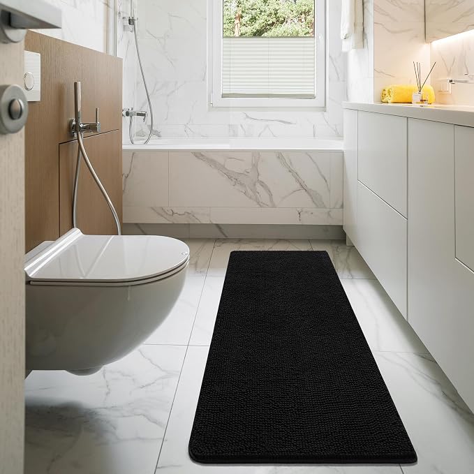 LOCHAS Luxury Bathroom Rug Shaggy Bath Mat 24 x 54 Inch, Black | Washable Non Slip Bath Rugs for Bathroom Shower, Soft Plush Chenille Absorbent Carpets