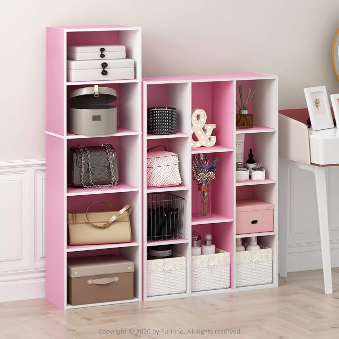 Furinno LUDER Book Shelf, 11-Cube Bookshelf, Reversible Bookcase, 9.4 x 29.1 x 41.7, Easy Assembly, for Living Room, Bedroom, Home Office, White/Pink