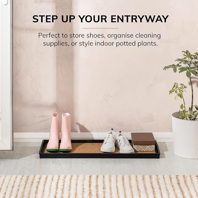 Anji Mountain Heavy Duty Waterproof Rubber Shoe Storage Mat Organizer/Boot Storage Tray Multi Use For Entryway with Coir, Tan Insert , Fits 3 Pair (34.5" Wide)