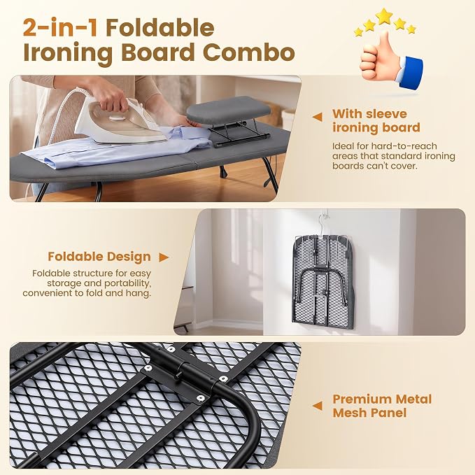 Tabletop Ironing Board Set with Mini Sleeve Boards, Foldable Ironing Board with Iron Rest, Portable Small Iron Boards with Heat Resistant Cover, Compact for Dorm, Travel, Home, 95x31x16 cm