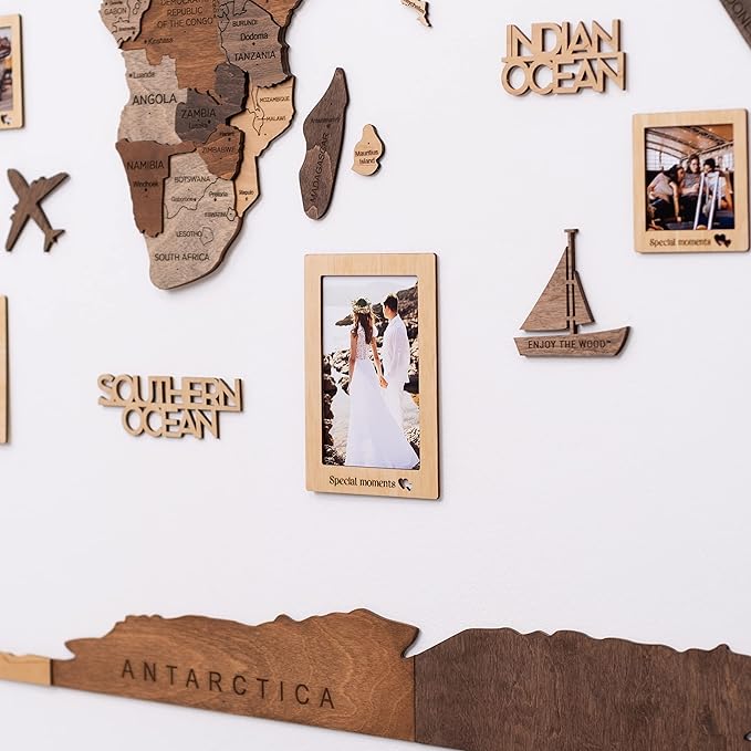 Enjoy The Wood 3D Wooden World Map Wall Art - Large Travel Map with Pins for Art Decor - Decorative Map of the World for Home, Office - Travel Wall Art Housewarming Gift Idea (Photo Frames, Pins)