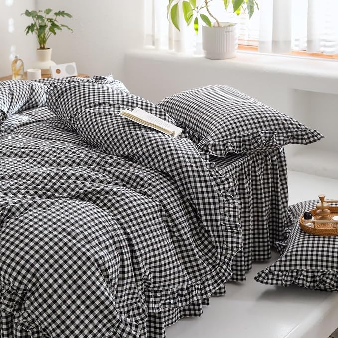 mixinni Black White Gingham Ruffle Duvet Cover King Size 3 Pieces – 100% Washed Cotton, Vintage Plaid Ruffled Bedding Set with Zipper Ties, Soft Checkered Grid Farmhouse Chic Comforter Cover Set