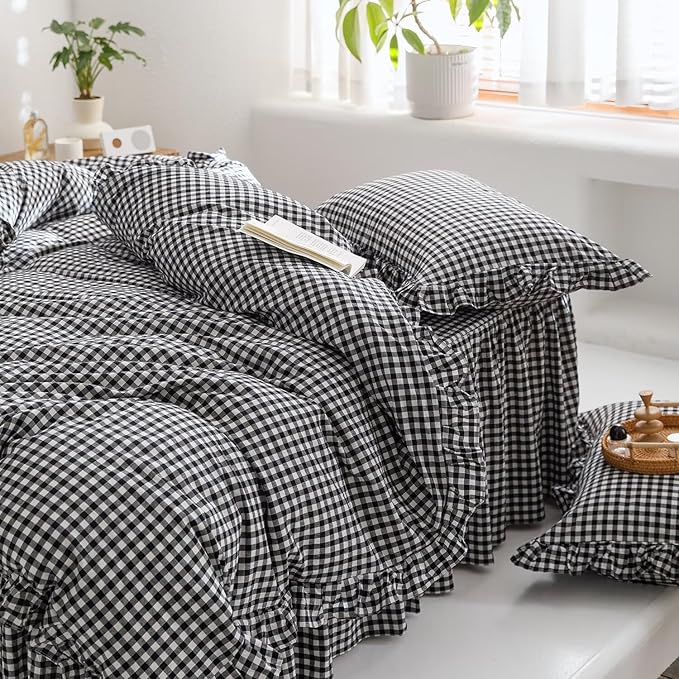 mixinni Black White Gingham Ruffle Duvet Cover Twin XL Size 3 Pieces – 100% Washed Cotton, Vintage Plaid Ruffled Bedding Set with Zipper Ties, Soft Checkered Grid Farmhouse Chic Comforter Cover Set