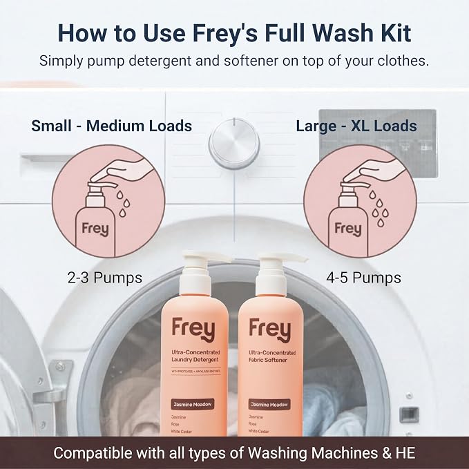 FREY Full Wash Laundry Care Bundle - Concentrated Liquid Laundry Detergent & Fabric Softener (Jasmine Meadow)