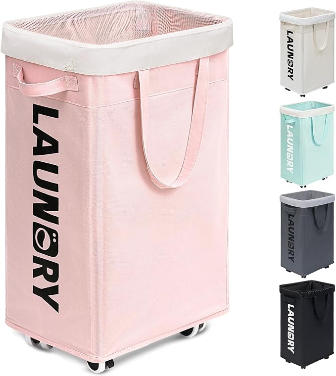 Goodpick Pink Laundry Basket with Wheels, Dorm Room Essentials for Girls, 75L Collapsible Laundry Basket, Laundry Hamper with Handle for College Dorm