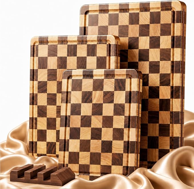 Checkered Cutting Board Set, Walnut Wood Cutting Boards for Kitchen | 3PCS Wooden Chopping Board with Juice Groove & Handles, Upgraded Decorative Serving Tray for Meat Vegetables Fruits with Box
