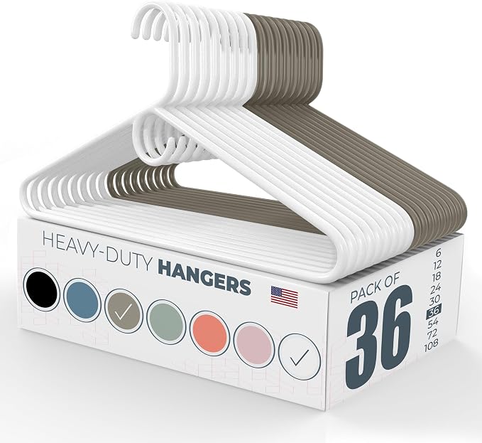 Heavy Duty Clothes Hangers 36 Pack – Made in the USA – 8lb Capacity Plastic Hangers for Adult Clothing – Durable for Pants, Coats, Jackets, or Jeans – White & Gray