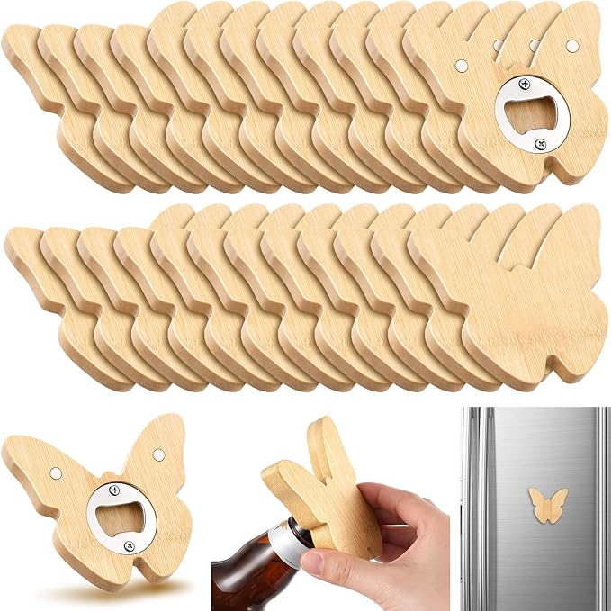 Vesici 24 Pcs Magnetic Bottle Opener 2.5in DIY Bamboo Butterfly Shape Beer Openers Wooden Fridge Magnet Refrigerator Sticker Gift for Beer Lover Wedding Guest Kitchens Bars Parties