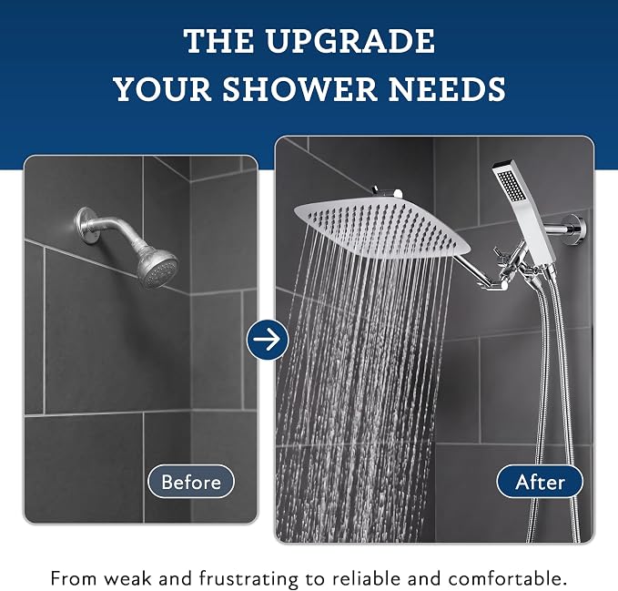 G-Promise All Metal 14 Inch Dual Square Shower Head with Handheld Spray Combo, Rain Shower Head, Adjustable Extension Arm, 3-Way Diverter, 71 Inch Extra Long Hose - A Bathroom Upgrade (Chrome)