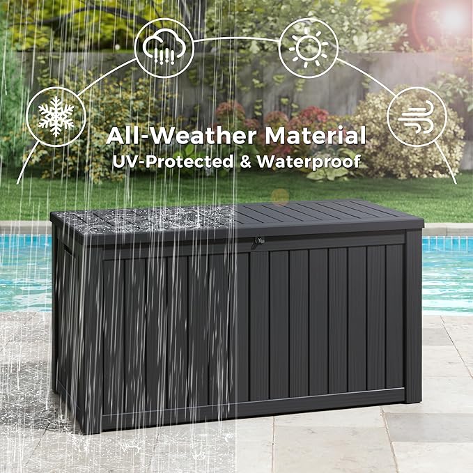 Outdoor Storage Box, 180 Gallon Large Outdoor Resin Deck Box, Storage Waterproof Boxes Lockable Lid for Garden Tools, Pool Supplies, Patio Furniture and Cushions, Black