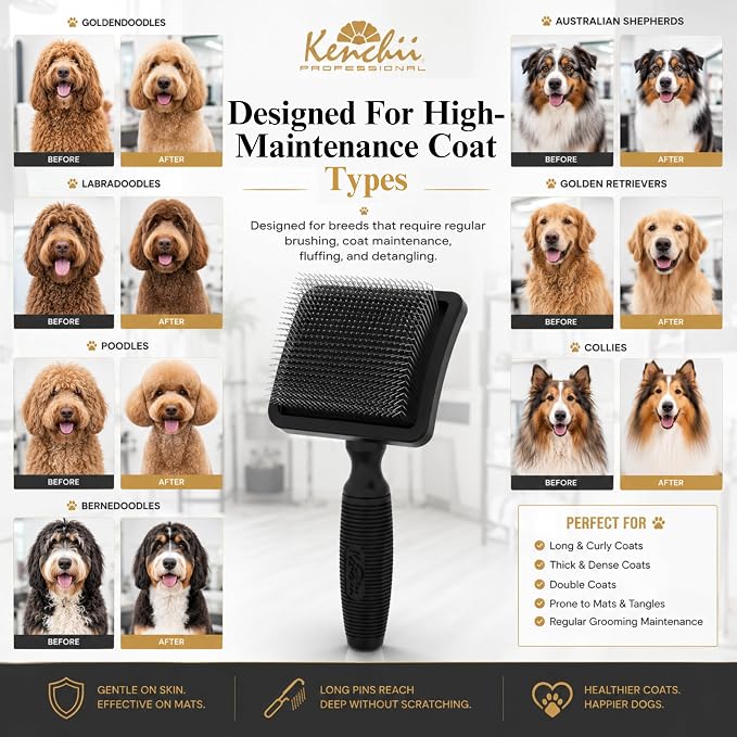 Kenchii Long Pin Slicker Brush for Dogs (Poodles, Doodles, Goldendoodles, Labradoodles), Professional Grooming Brush for Detangling, Fluffing & Dematting, Non-Slip Comfort Handle (Black)