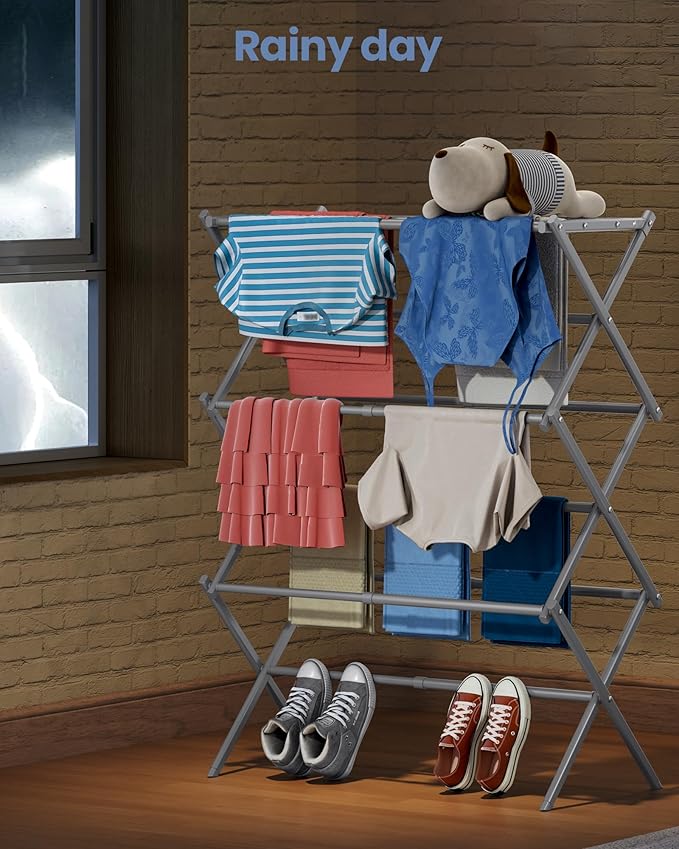 APEXCHASER Oversize Clothes Drying Rack, 3-Tier Drying Rack Clothing, Expandable Metal Laundry Drying Rack, Air Drying Rack, Clothes Rack, No Install, 24lb Capacity, 14.9" D x 29.3" W x 39.3" H, Grey