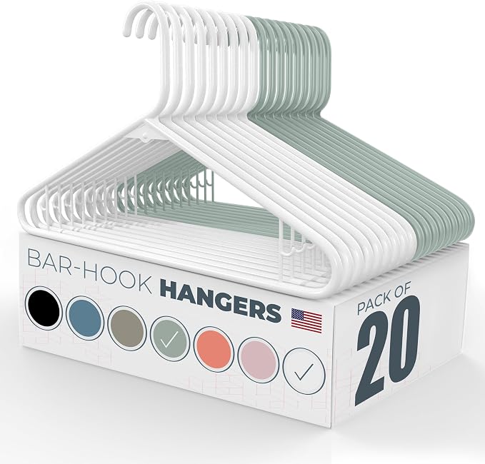 Plastic Hangers 20 Pack - Made in the USA - 6lb Capacity Standard Clothes Hangers with Strap Hooks for Dresses, Lingerie, Shirts, Pants, and Jackets - White & Mint
