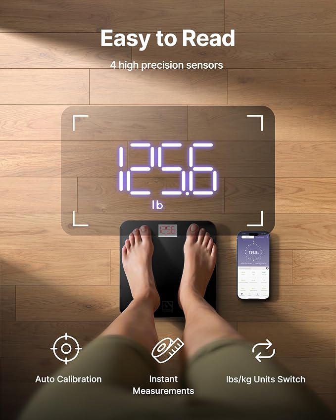 FITINDEX Smart Scale for Body Weight, Scale with BMI, Body Fat, Muscle Mass, Digital, Bathroom, Weighing, Bluetooth, Body Composition Monitor Health Analyzer with App, 400lb, Black