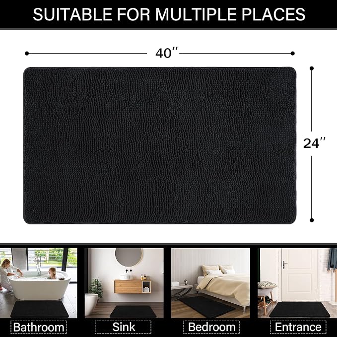 LOCHAS Luxury Bathroom Rug Shaggy Bath Mat 24 x 40 Inch, Black | Washable Non Slip Bath Rugs for Bathroom Shower, Soft Plush Chenille Absorbent Carpets