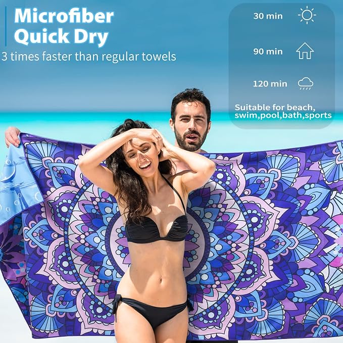 TwoYek Microfiber Beach Towel Extra Large 71x32 inches Boho Mandala Print | Thin Lightweight, Sand Free Super Absorbent Quick Dry, Oversized for Travel Pool Swim Bath Camping Sports Girls Women Adults