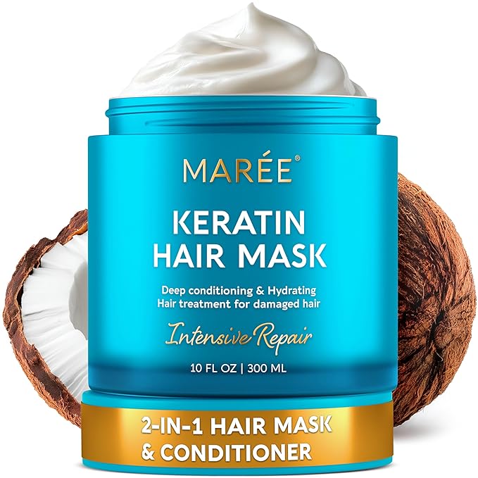 MAREE Deep Conditioning Hair Mask for Damaged Hair Treatment – Keratin Hair Care for Hydrating Growth Repair Moisturizing – Dry Curly Color Refreshing – 10 Fl Oz, White