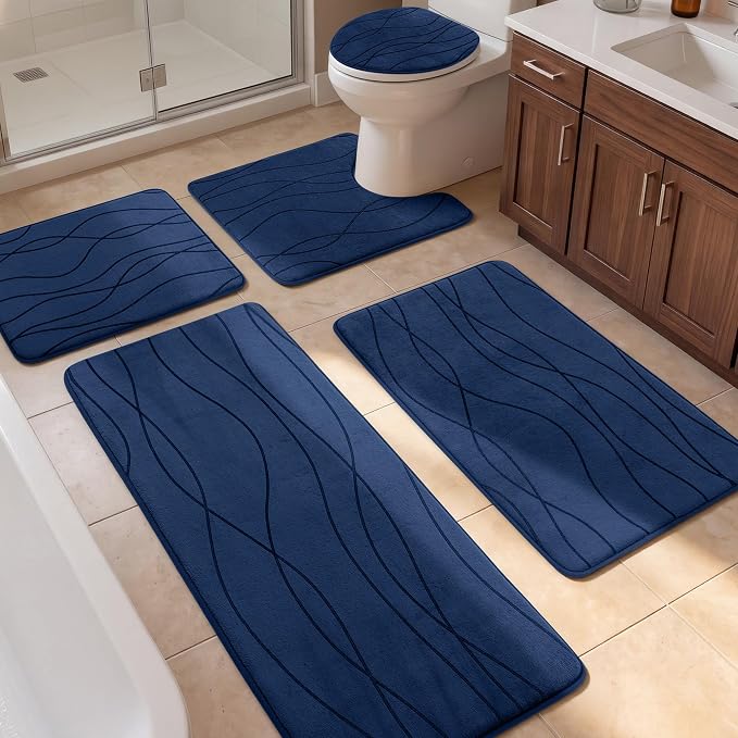 YIHOUSE Bathroom Rugs Set 5 Piece, Memory Foam Bath Mat Navy Blue | Ultra Soft, Absorbent, Non-Slip, Machine Washable, for Bathroom, Sink and Toilet