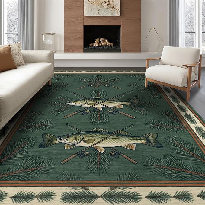8'x10' Washable Area Rug Bass Vintage Lake Cabin Angler Lure Tackle Motif Fish Fishing Refined Structured for Dining Room, Large Office, Lounge, Non-Slip Chair-Friendly