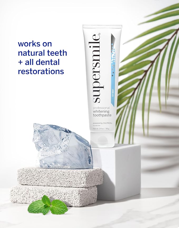 Supersmile ICY Mint Fluoride-Free Whitening Toothpaste, 3.4 Oz Travel | Calprox® Powered, Whitens 5.5 Shades in 7 Days, TSA-Approved, Frosty Peppermint Menthol, Veneer Safe, Sensitivity-Free
