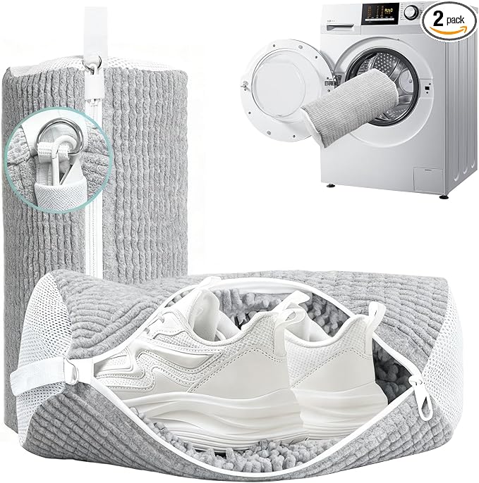 Shoe Washing Machine Bag 2 Pack, 360°Deep Clean Durable Shoes Laundry Bag for Washer and Dryer, Reusable Shoe Cleaner Bags, Sneaker Washing Machine Bag, Gray